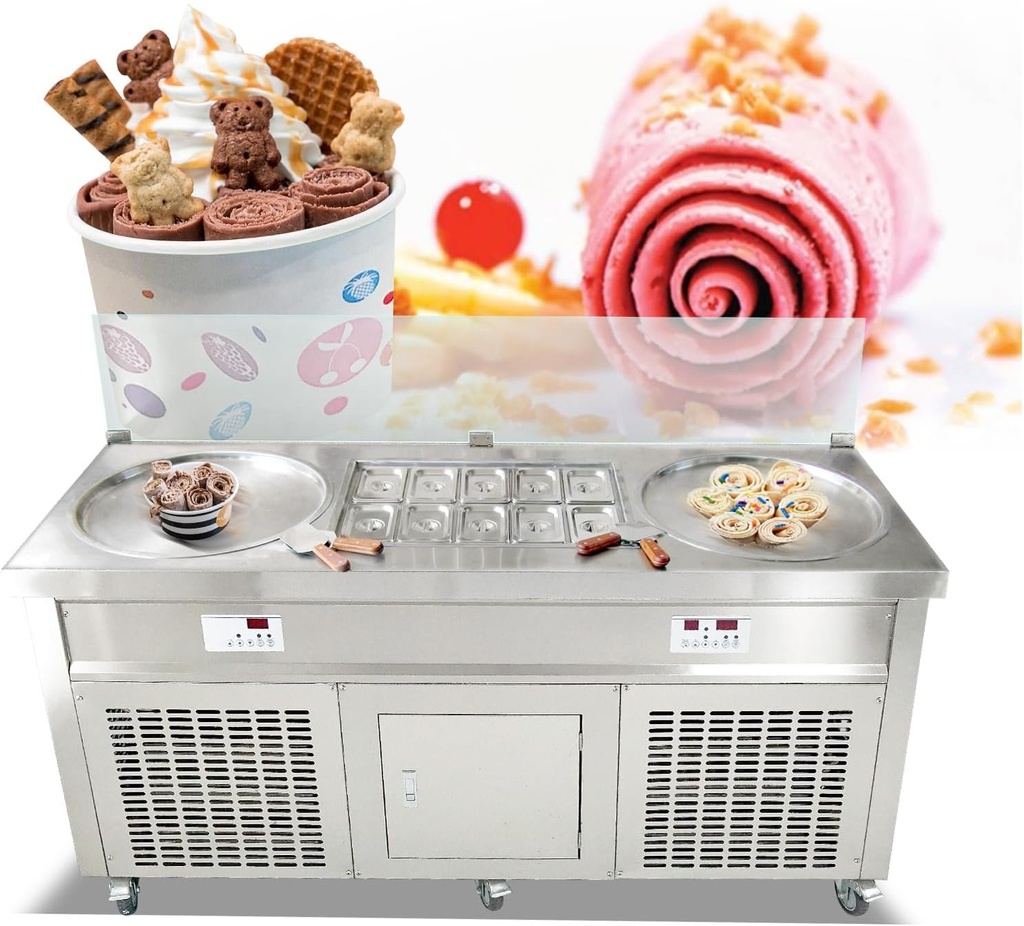 Kolice Commercial 22" double Round Pans Fried Ice Cream Machine Roll Ice Cream Machine with 10 refrigerated Tanks, Auto Defrost, Smart AI Temperature Control for Snack,Cafes,Ice Cream Store