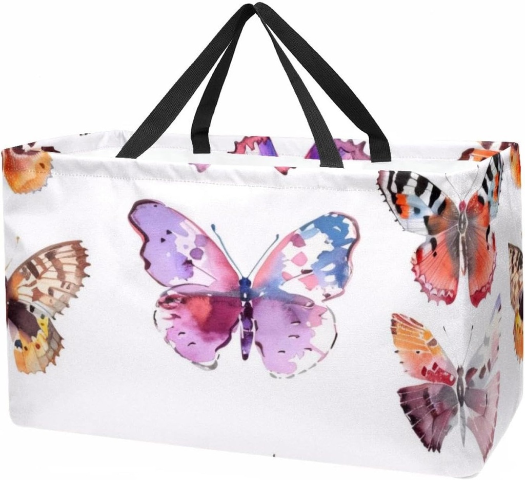 Reusable Grocery Bags for Women Large Watercolor Seamless Butterflies Shopping Tote Bag for Beach Groceries Picnic