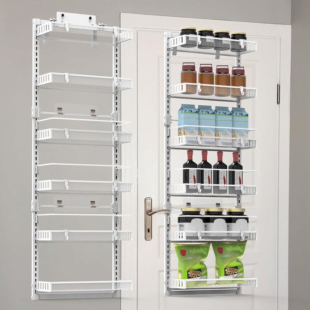 Over The Door Pantry Organizer 6-Tier Pantry Door Organizer Carbon Steel 110LBS Loading Hanging Spice Rack Shelves for Easy Install Home & Kitchen Essentials For Kitchen Bathroom 50”H 17”W 5.5”D