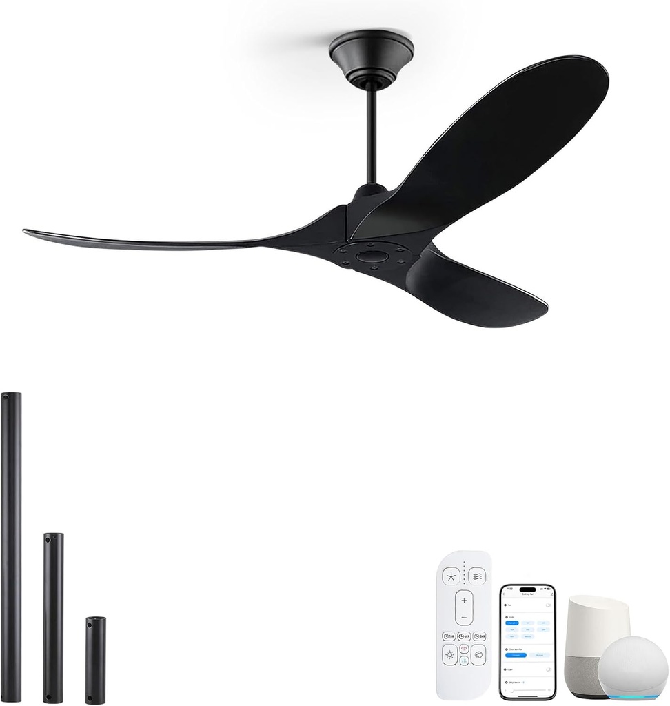 60 inch Black Outdoor Ceiling Fan for Patios without Lights Damp Rated, Large Airflow Smart Ceiling Fan with Alexa/Remote/App Control, Outdoor Wood DC Fan No Light for Commercial Indoor Exterior Porch