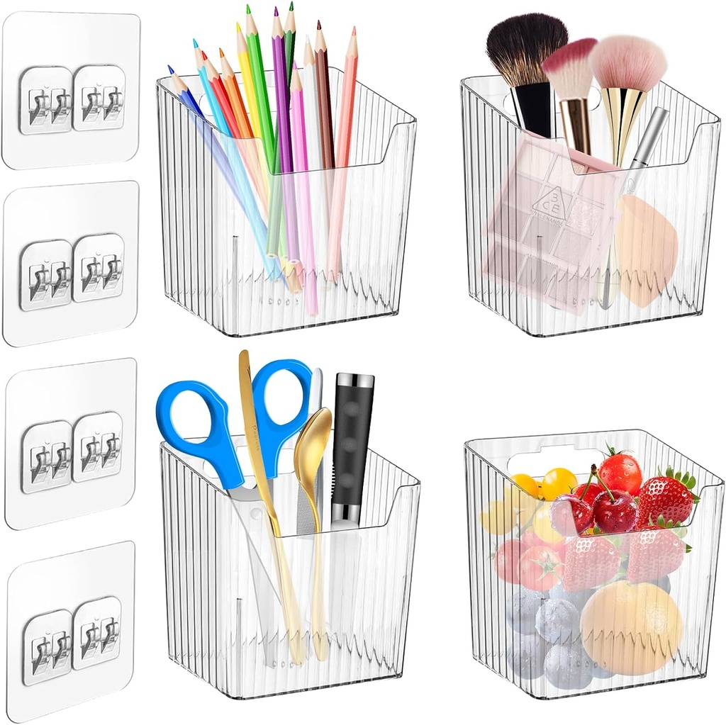 4 Pack Clear Adhesive Wall Mount Organizers, Stackable Cabinet Door Storages Baskets Bins Containers Multi-Purpose Wall-mounted Hanging Organization for Makeup,Kitchen,Bathroom