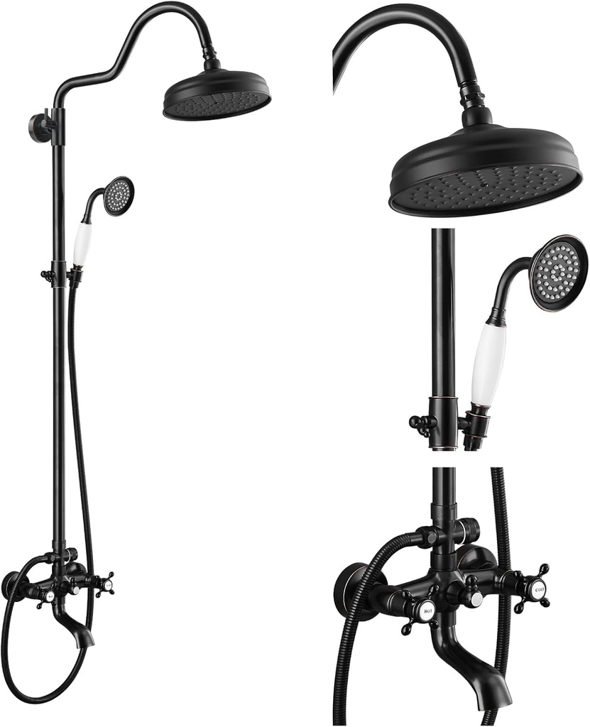 gotonovo Exposed Bathroom Shower System Vintage Shower Fixture 8 Inch Rainfall Shower Head Handheld Spray Tub Filler Brass Pipe 3-Function Wall Mount Double Cross Knobs Oil Rubbed Bronze