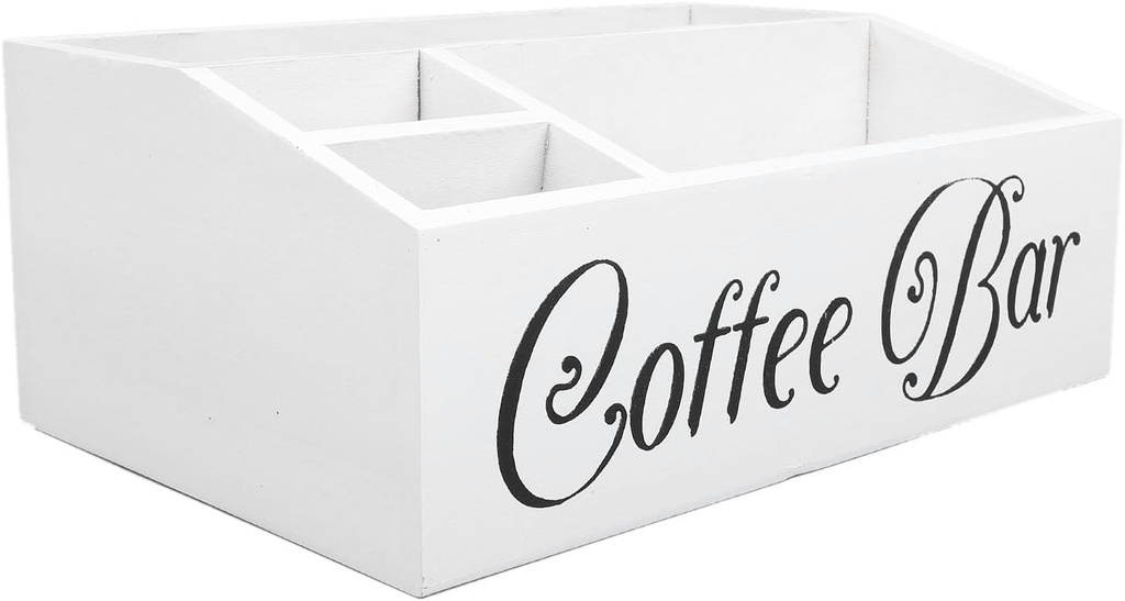 EVGATSAUTO Wooden Coffee Station Organizer with 4 Spacious Compartments, Rustic White Coffee Bar Bin Box for Countertop Accessories
