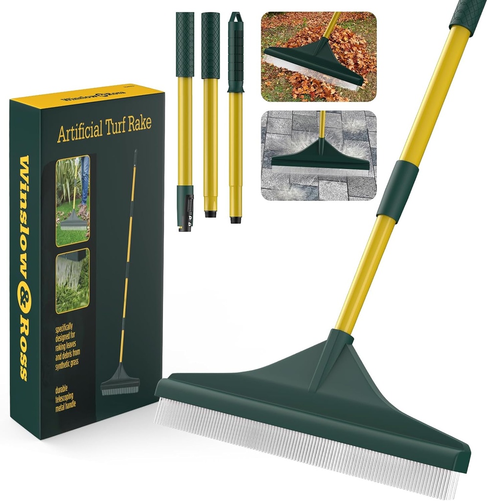 Artificial Turf Rake with Steel Telescopic Handle, 32 to 55 Inch 3 Piece-Pole Easy Storage Design, Garden Hand Boom Rake for Artificial Grass, Carpet Pet Hair, Lawn Leaves and Debris Remove, Yellow