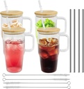 4 Pack Glass Cups with Bamboo Lids and Straws-20oz Tumbler With Handle,Wide Mouth Reusable Drinking Glasses,Glass Drinking Cups Fits Car Cup Holder, BPA Free, for Iced Coffee,Smoothies,Beer,Juice