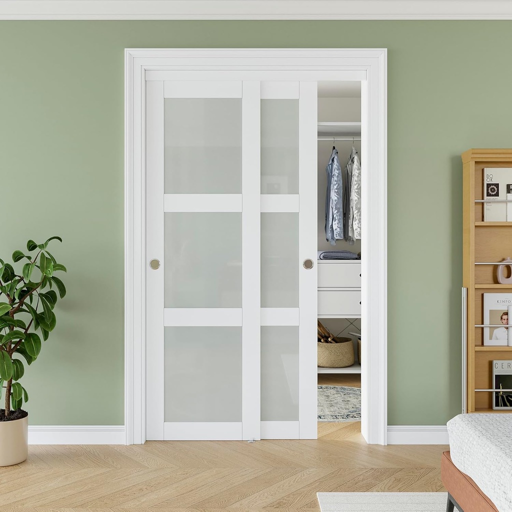 48" x 80" Sliding Closet Door, 3-Lite Frosted Tempered Glass Bypass Door Panel with Hardware Track Kit & Floor Guide, Solid Wood Slab Pre-Assembled with PVC Surface, Silver Round Handle