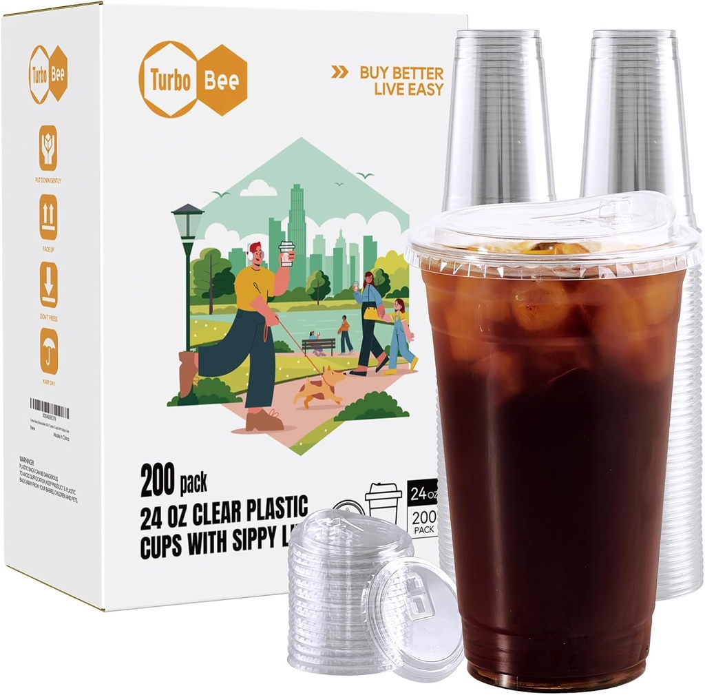 Turbo Bee 24 OZ 200 Sets Clear Plastic Cups with Strawless Sip Lids, To Go Crystal Clear Disposable Plastic Cups with Lids for Iced Coffee, Smoothies, Soda, Lemonade, Cold Beverage