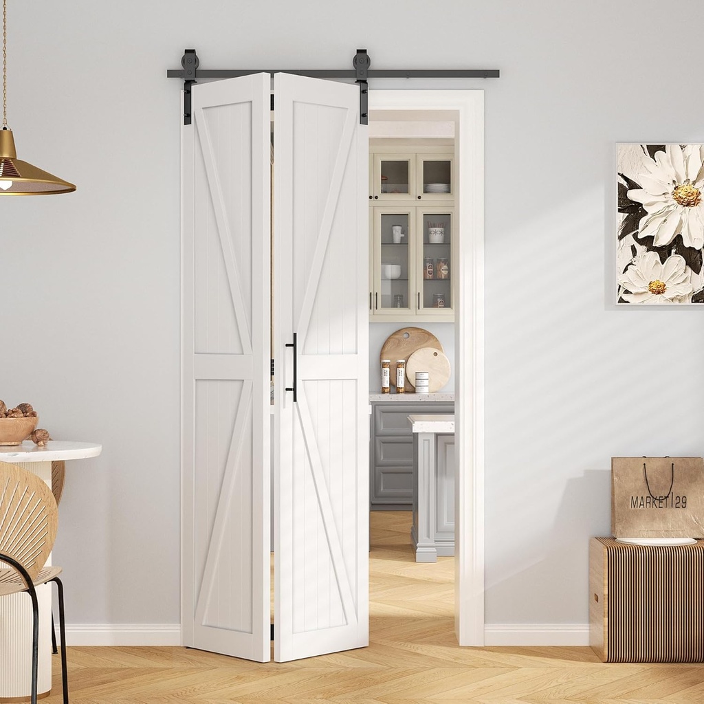 ROOMTEC 36"x84" Solid Pine Bi-Fold Closet Door, Pre-Assembled Folding Interior Door, White Painted Finish, Without Track Hardware, for Bedroom, Wardrobe, Pantry, Laundry Room