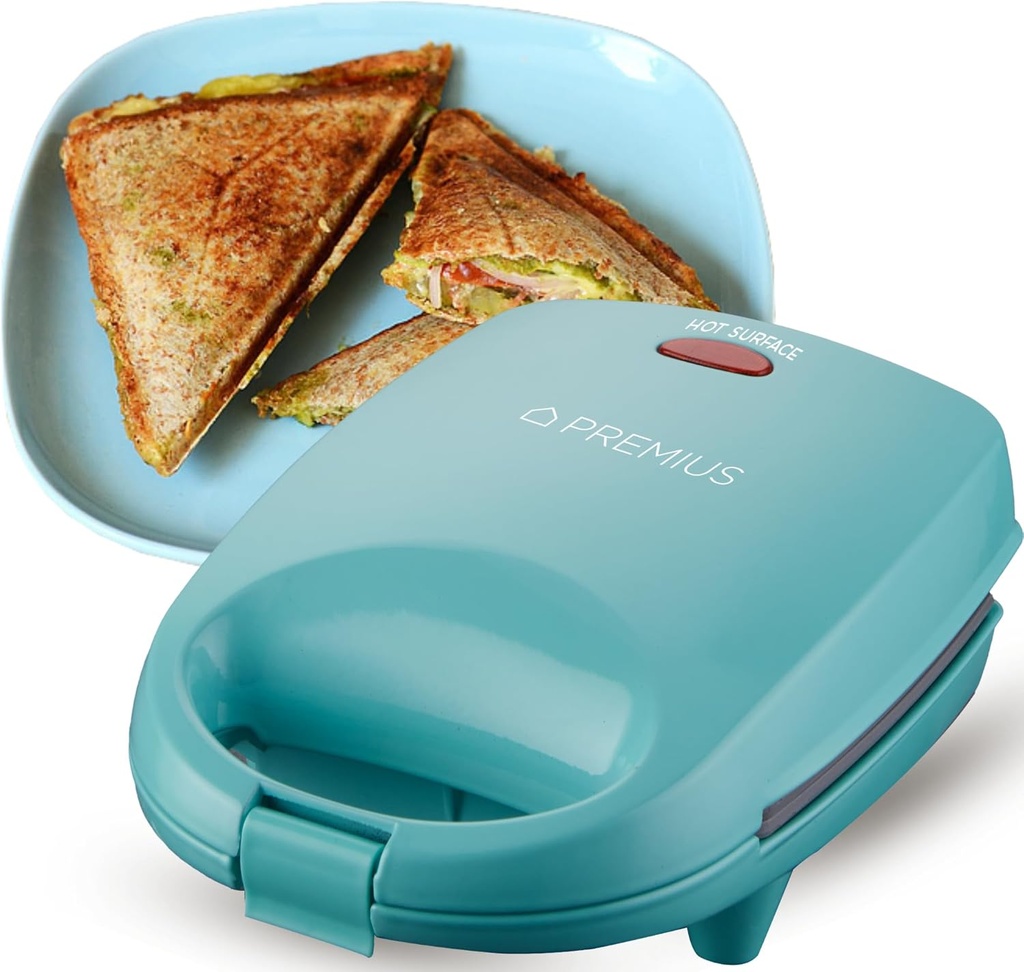 Ceramic NonStick Mini Snack Sandwich Maker, Indicator Light, 5x4.4 Inch Mold, Great for French Toast, Tuna Melt, Egg & Grilled Cheese, Pancake Sandwich, Desserts, Toasties, 520 W (Turquoise)