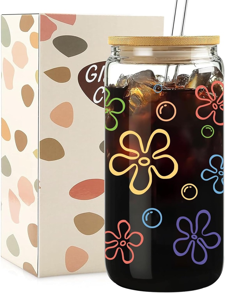 Cute Glass Cups with Lids and Straws - Flowers and Bubbles Iced Coffee Cup for Adults, Unique Gifts for Women Men, Funny Unique Decor Party Birthday Decorations, 16 oz