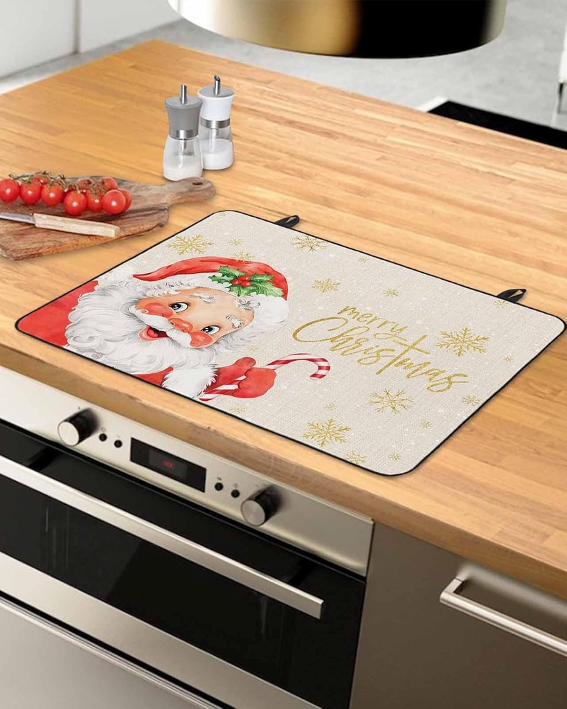 Christmas Countertop Burners Protection Mats for Kitchen, Santa Claus with Candy Snowflake Linen Texture Rubber Stove Top Cover Mat, Heat Proof Mats Cooktop Cover for Counter Dish Drying Mat, 31"x24"