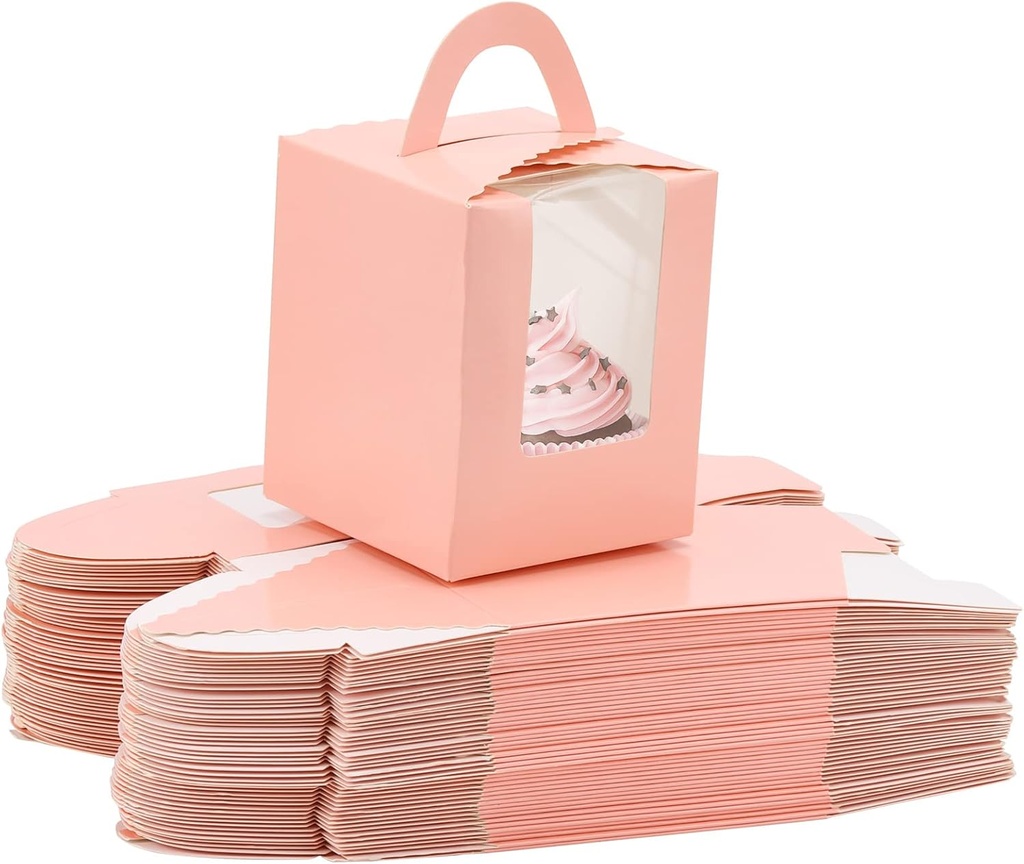 acDesign 100Pcs Cupcake Boxes 3.6in*3.6in*4.3in Individual Cupcake Containers With Window Handle and Inserts for Bakery Wrapping Party Favor Packing(Pink)