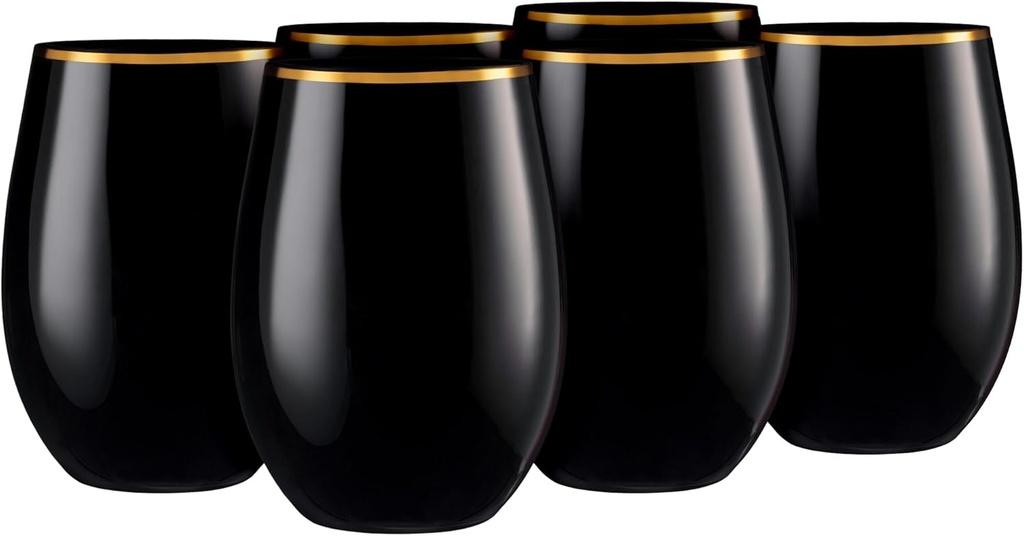 Decorline Elegant Black with Gold Rim Stemless Wine Goblets - 16 oz (Set of 6), Plastic & Party-Ready Glassware, Perfect for Celebrations & Chic Gatherings