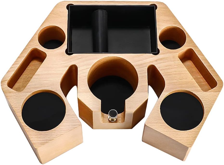 Coffee Filter Tamper Holder Wooden Espresso Machine Coffee Bar Accessories 8 in 1 Espresso Tamper Mat Stand Holder Tamping Station with knock box (51/54mm))