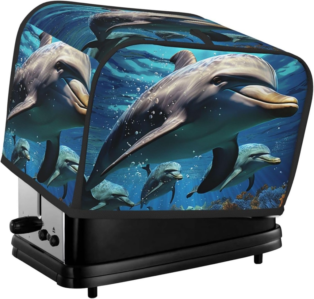Dolphins Toaster Cover 2 Slice, Waterproof Bread Machine Covers with Pockets Universal Size Kitchen Small Appliance Cover with Handle, Dust and Fingerprint Protection
