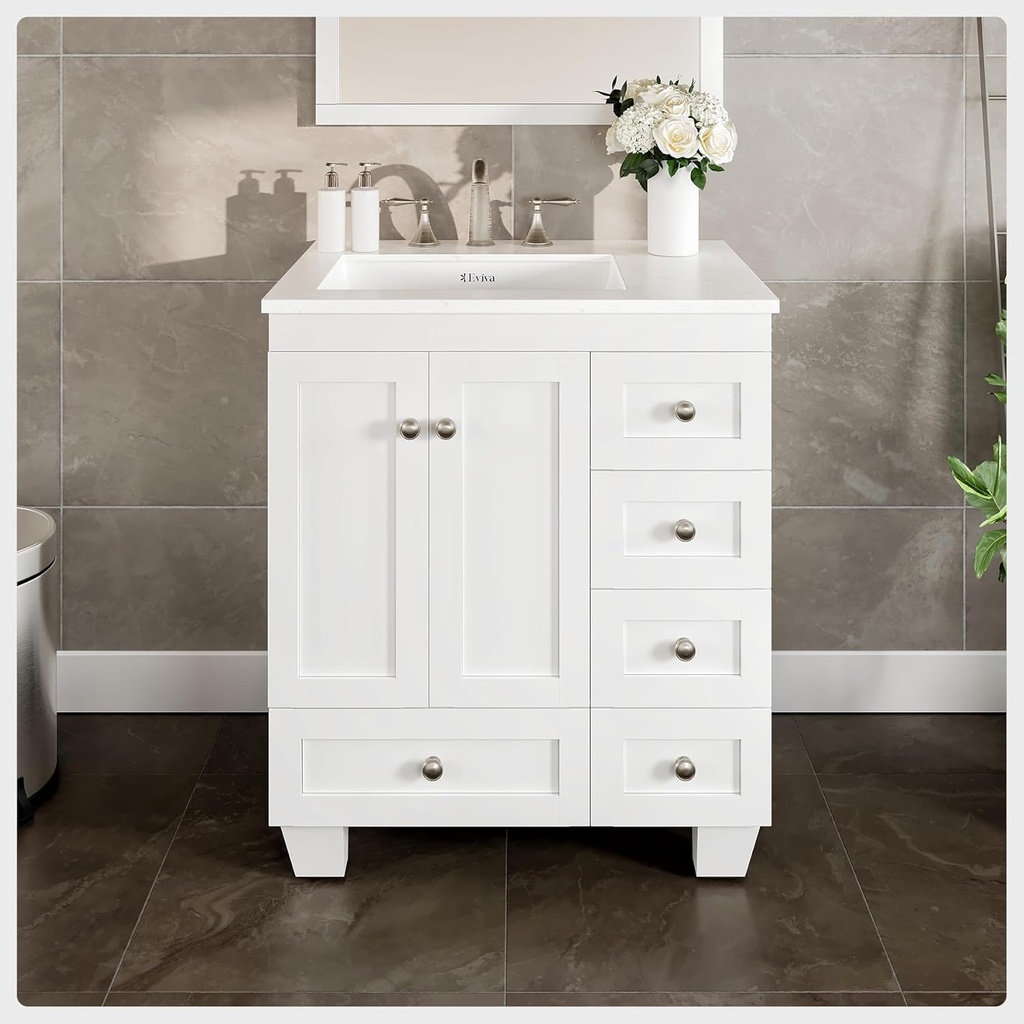 Eviva Acclaim 28 in. Bathroom Vanity with White Carrara Quartz Countertop, Undermount Porcelain Sink, Ideal for Home