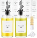 Olive Oil Dispenser Bottle - Includes 55 Kitchen Essential Labels - Cooking Oil Bottles for Kitchen, Coffee Syrup Dispenser - Pourer Spout with 11.8 fl oz Glass Container Cruet - 2pcs Silver