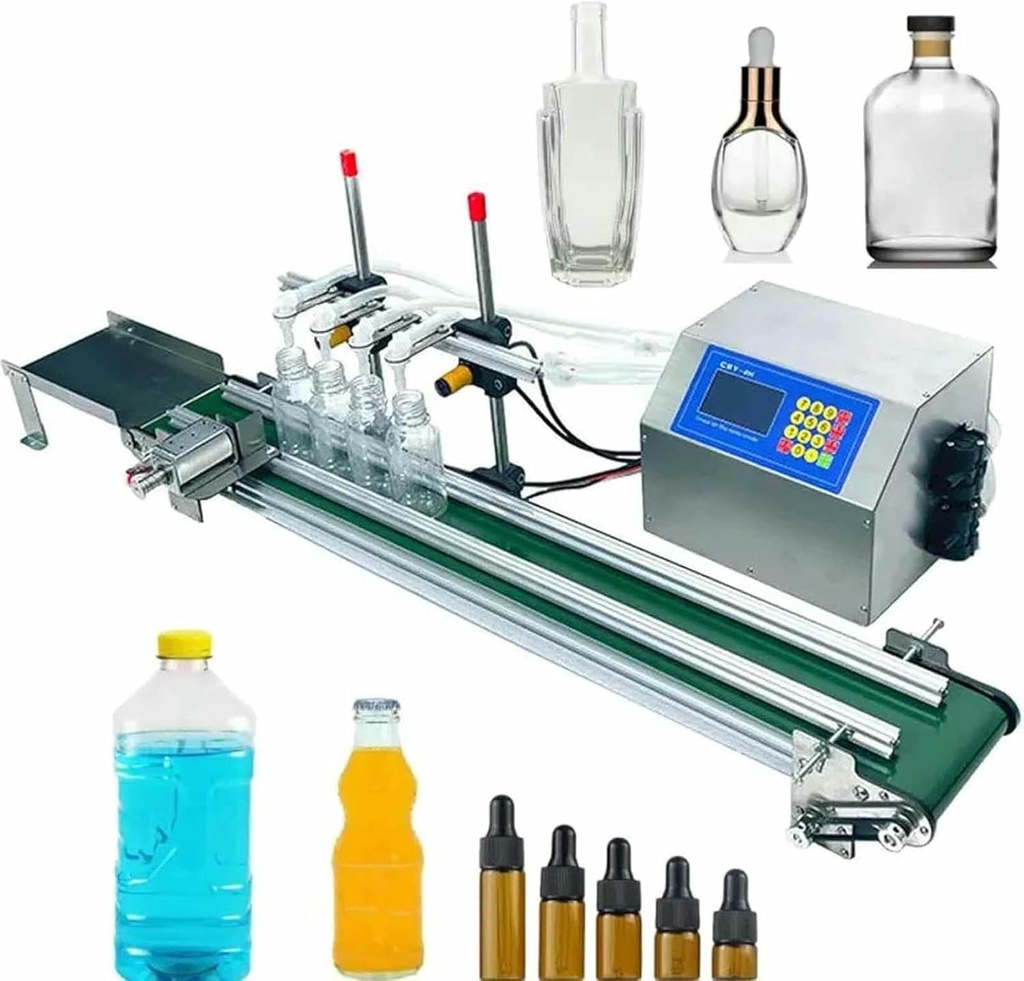 Liquid Filling Machine 4 Automatic Heads, 150W 10-500ml with Conveyor Belt, Filling Bottles for Beer/Cosmetics/Wine, Stainless Steel Diaphragm Pump, 4h1200