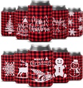 Whaline 12pcs Christmas Beer Can Coolers Sleeves Red Black Plaid Can Sleeves Can Covers for Beverages, Bottle, Drink Christmas Party Decorations Supplies, Gingerbread Xmas Tree Snowflake