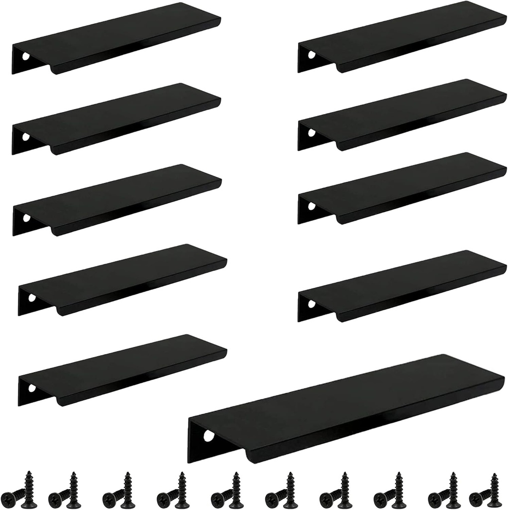 10PCS Mount Finger Edge Pull Handles Black Aluminum Hidden Concealed Tab Pulls for Home Kitchen Door Drawer Cabinet Knobs Wardrobe, 200mm/7.9"