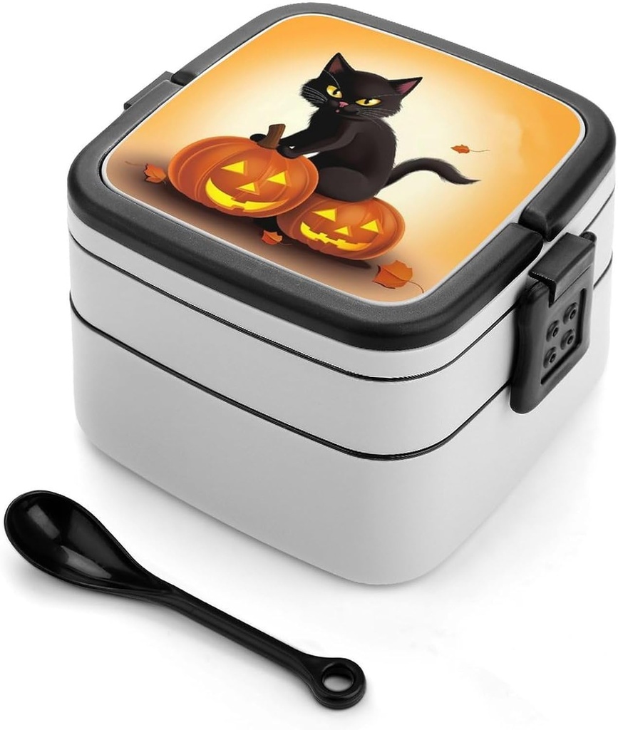 Bento Lunch Box for Women Lunch Containers for Adults Halloween Black Cats Pumpkin Double Layered Lunchbox Large Capacity Bento Box with Cutlery for Work Picnic Camping Travel