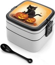Bento Lunch Box for Women Lunch Containers for Adults Halloween Black Cats Pumpkin Double Layered Lunchbox Large Capacity Bento Box with Cutlery for Work Picnic Camping Travel