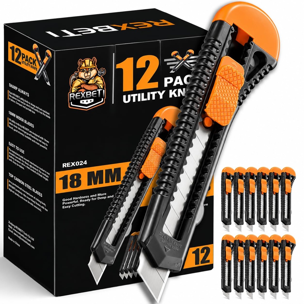 REXBETI 12-Pack Utility Knife, Retractable Box Cutter for Cartons, Cardboard and Boxes, 18mm Wider Razor Sharp Blade, Smooth Mechanism, Perfect for Office and Home use