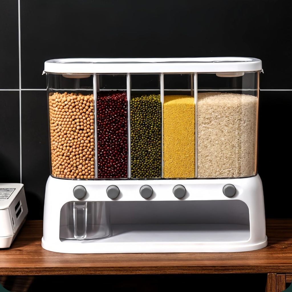 food-grade plastic grain storage container with multi-compartment design - perfect for organizing rice, beans, and bread in your kitchen