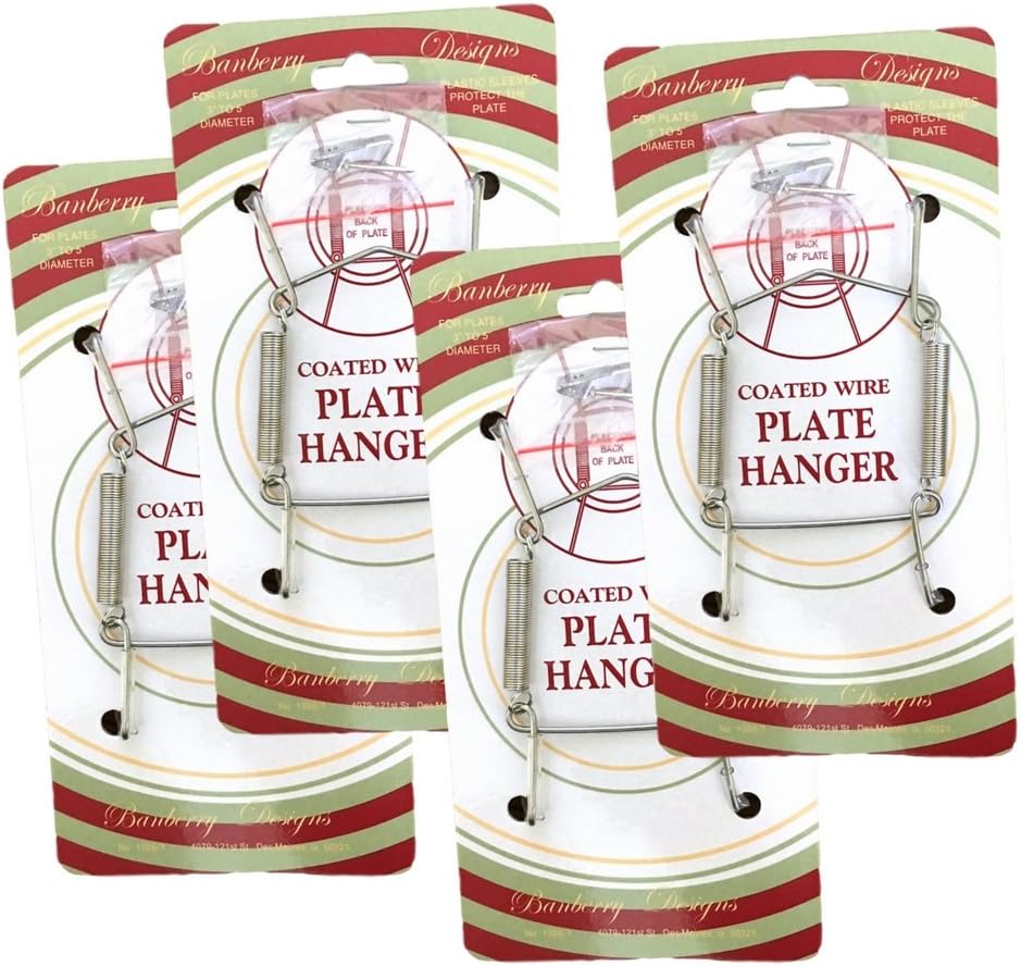 BANBERRY DESIGNS Chrome Vinyl Coated Wall Plate Hangers - 3.5 to 5 Inch Plate Hanger - Set of 4 Hangers - Includes Hanging Hook and Nail