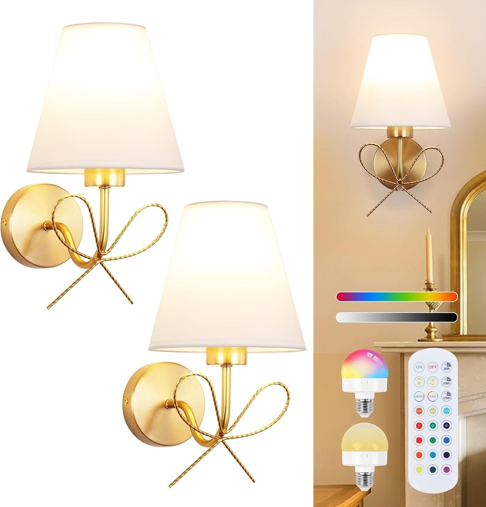 ADISUN Modern Wall Sconce Set of Two, Battery Operated Wall Sconce Remote Control Dimmable Wall Lamp Wireless Sconces for Living Room Bathroom Dining Room Corridor Staircase (2 Bulbs Included)