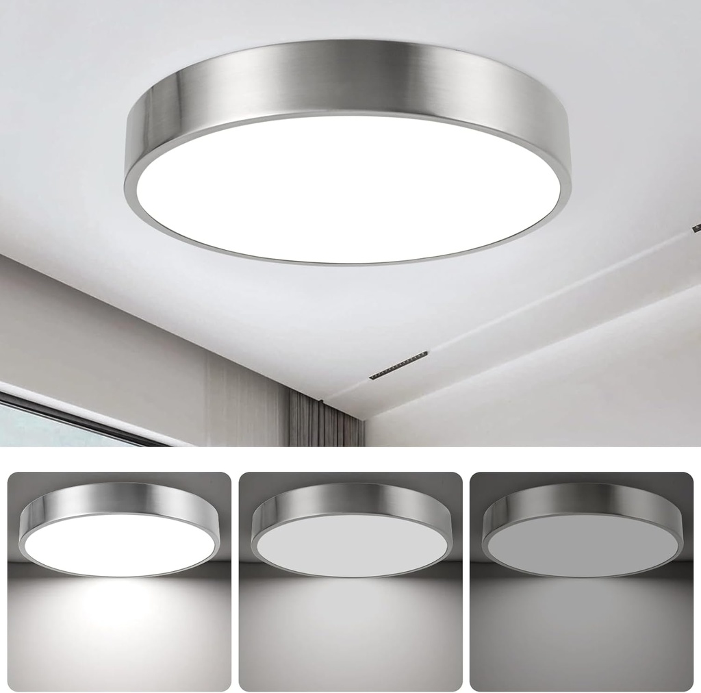 13inch Round Bathroom Ceiling Lighting Fixture, Overhead Polished Brushed Nickel Bedroom Ceiling Lights, Low Profile Led Chrome Flush Mount Light, 26W, 3000K, ETL Listed