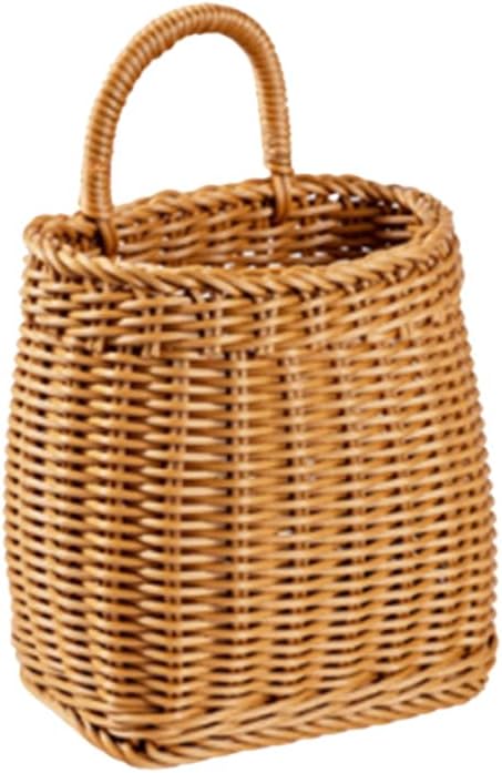 Wicker Hanging Basket - Faux Rattan Wall Basket for Front Door, Kitchen Storage & Organizing - Small Handheld Flower Basket, Retro Woven Planter for Garlic, Onion, Fruits (A)