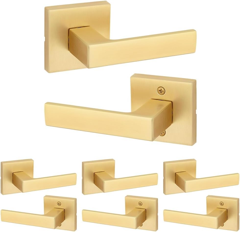 Kwikset Singapore Interior Passage Door Handle, Lever for Closet and Hallway Doors, Reversible Non-Locking Handle Lever, Satin Brass, with Microban Protection (Pack of 4)