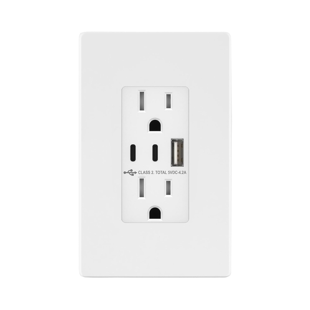 TOPGREENER 4.2A 3-Port Type C USB Outlet, 15 Amp Receptacle Plug, Charging Power Outlet with Dual Type C&A Ports, Screwless Wall Plate Included, UL Listed, TU21542AC2-WSID, White