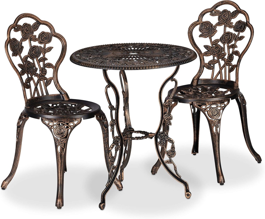 Relaxdays Garden Furniture Set, 3 Pieces, Round Table, 2 Chairs, Antique Metal Design, Cast Aluminium, Vintage Bronze