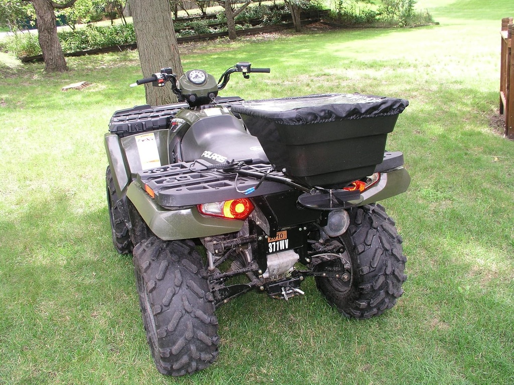 Field Tuff 12V 80 Pound Capacity Broadcast Seed & Fertilizer Spreader with Back or Front Mounting and Rain Protector for ATV, UTV, or Utility Tractor