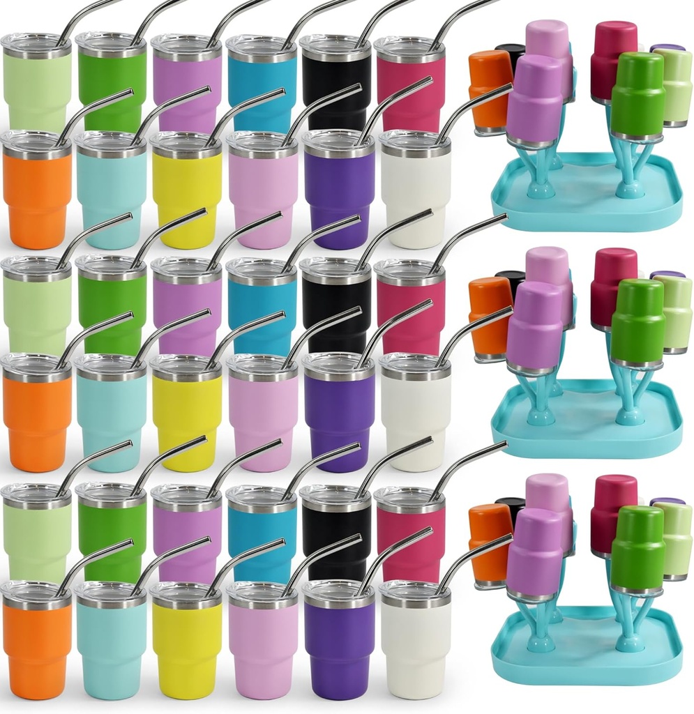 3 oz Stainless Steel Shot Glasses with Straw, Lid & Blue Drying Rack - 36 Pcs Mini Tumblers for Wedding Party, Whiskey Cocktail Bar