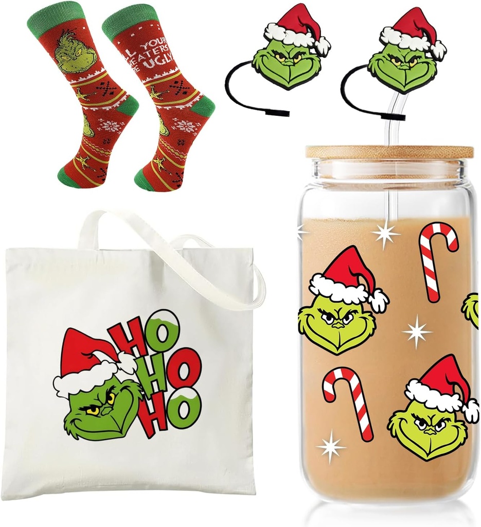 Christmas Gifts for Women Men, Funny Green Monster Iced Coffee Glass Cup with Lid and Straw, Xmas Tote Bag, Holiday Socks, Cartoon Straw Cover, Stocking Stuffer for Mom Friends Coworkers