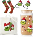 Christmas Gifts for Women Men, Funny Green Monster Iced Coffee Glass Cup with Lid and Straw, Xmas Tote Bag, Holiday Socks, Cartoon Straw Cover, Stocking Stuffer for Mom Friends Coworkers