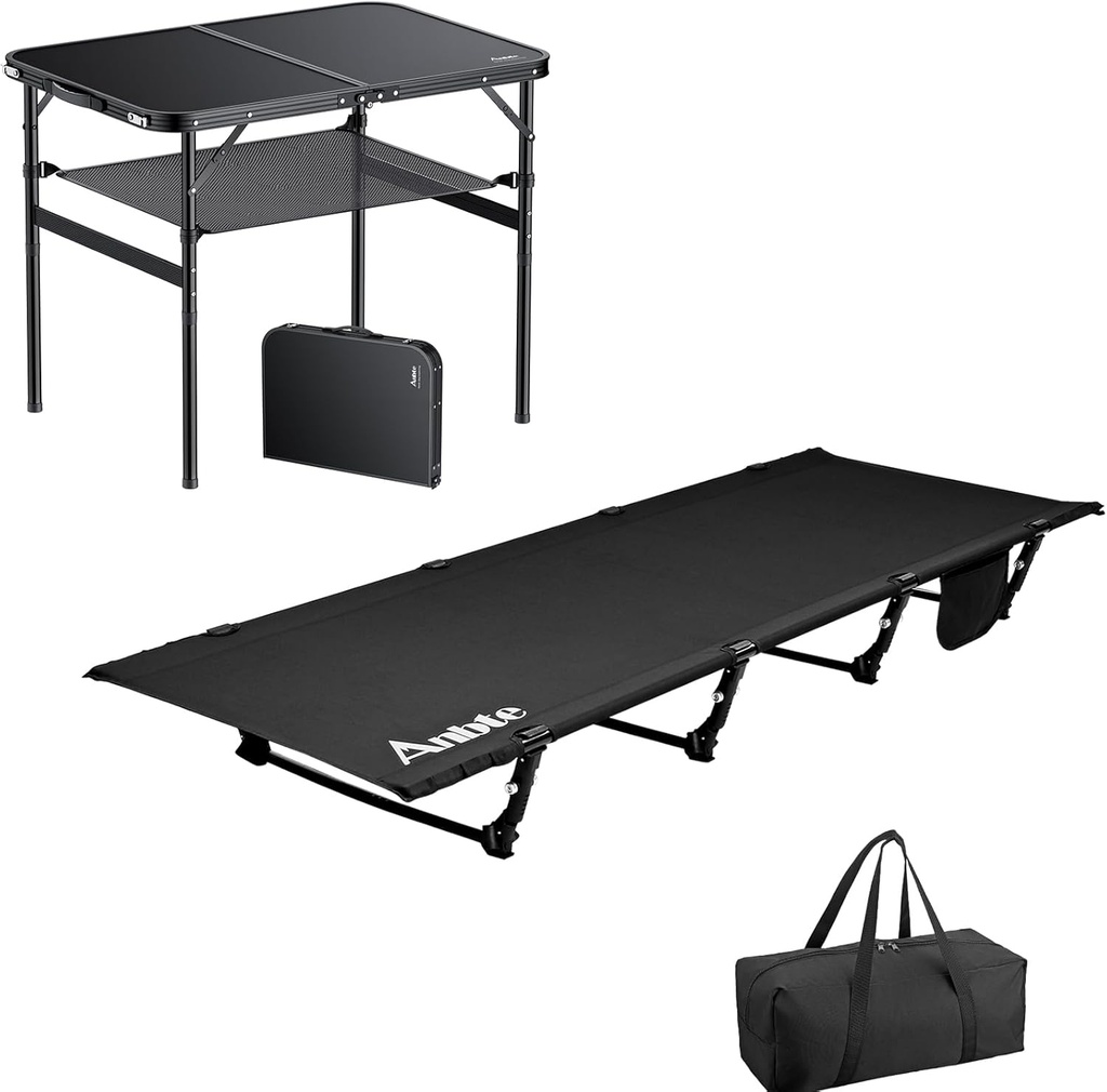 Ultralight Camping Cot Save Effort, Comfortable Camping Bed Supports 350 Lbs with Side Pocket & Folding Camping Table, 36" x 24" Portable Table