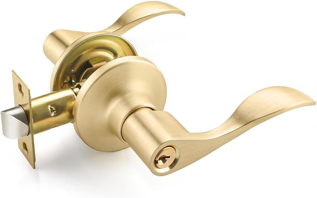 EHOMEWARE 1 Pack Entry Door Handles Gold Door Knobs with Keys, Keyed Alike Entrance Door Levers for Living Room or Bedroom, Locked Inside Keyed Outside, Modern Door Lock