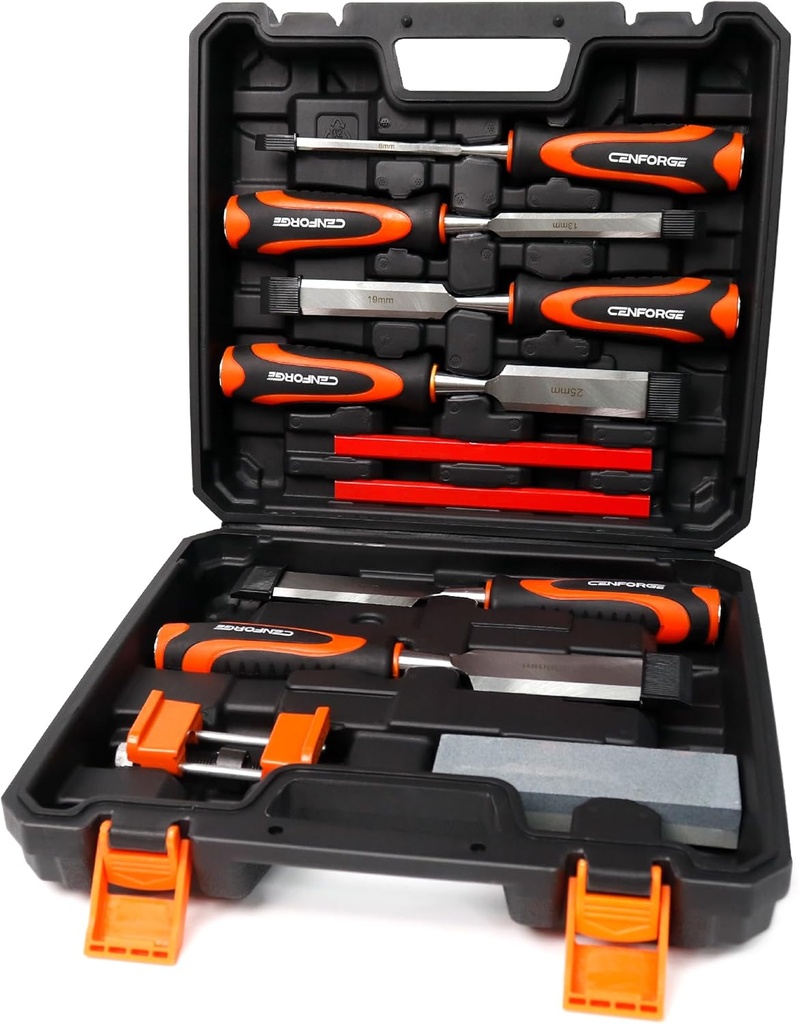 10-PC Wood Chisel Set, 6 Wood Chisels with 1 Honing Guide, 1 Sharpening Stone and 2 Carpenter Pencils, Wood Chisels for Woodworking, formones para carpintería