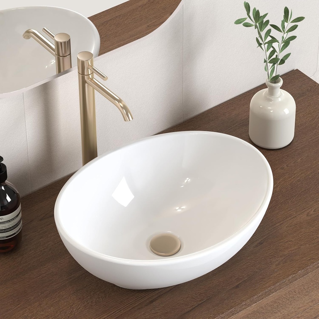 KES Bathroom Vessel Sink, Bowl Sink White Vessel Sink Oval Bathroom Sink 16" x 13" Countertop Modern Egg Shape Above Counter Bathroom Vanity Sinks Bowl, BVS124