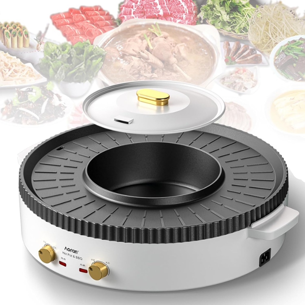 Household Electric Hot Pot with Grill, Teppanyaki Grill Pot and BBQ Pan, Independent Temperature Control, Non-stick Coating, Easy to Clean, For 2-6 People to Enjoy, 1500 W,B
