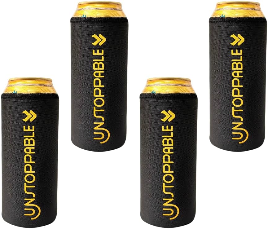 Insulated Beer Can Cooler Sleeve – Set of 4 | Fits 500ml Beer Can | Beer Can Cover (Coozie) with Easy Grip Band & Padded Fabric (UNSTOPPABLE)