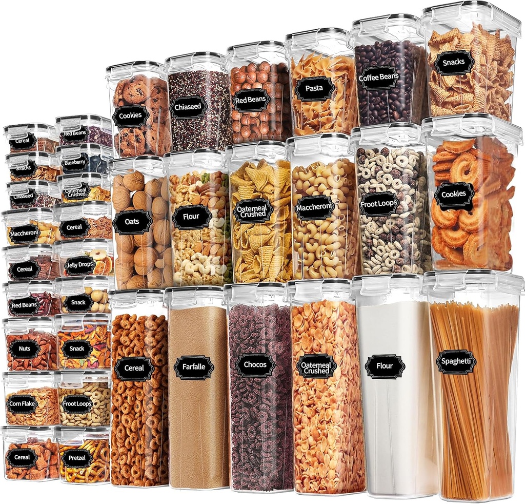 Skroam 36 Pack Airtight Food Storage Containers for Kitchen Pantry Organizers and Storage, Plastic Kitchen Storage Containers with Lids for Flour, Sugar, and Cereal, Labels & Marker