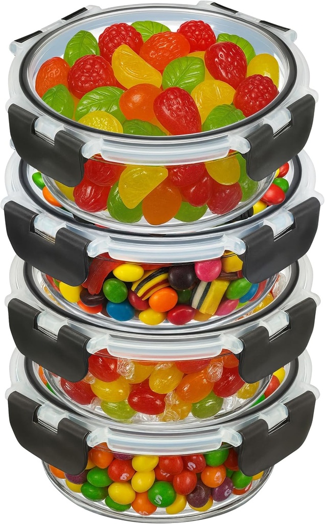 Glass Food Storage Containers Bowls with Airtight Snap Locking Lids for Meal Prep Leftovers Baking Lunch Boxes Dish (Black, 22oz Round 4 Pack)