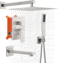 POPFLY 12 Inch Shower System - Square Rainfall Shower Head & Handheld Spray Combo, Brushed Nickel Wall Mounted Faucet Set with Solid Brass Valve, Shower Hose & Bathtub Spout, Easy Installation