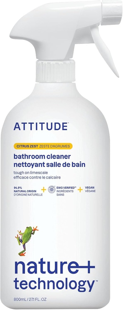ATTITUDE Bathroom Cleaner Spray, EWG Verified, Plant-Based & Vegan, Safe for Bathroom Surfaces, Tiles, Tubs, Shower Walls, and Grout, Citrus Zest Scent, 27.1 Fl Oz