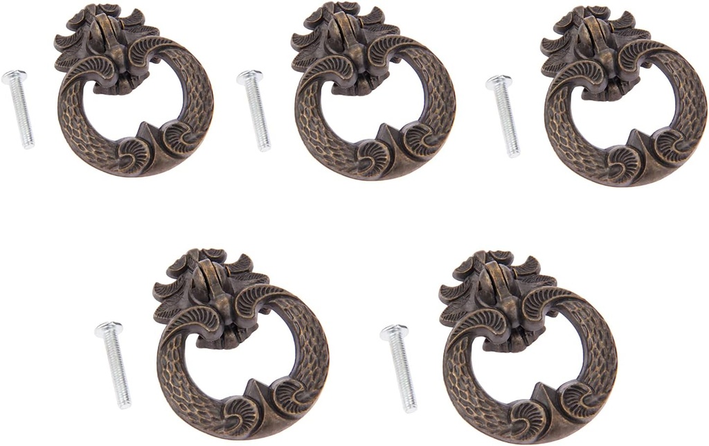 dophee 5Pcs Vintage Bronze Drop Ring Knobs Pulls, Single Hole Decorative Handles with Screws for Drawer Kitchen Cabinet Cupboard Dresser Wooden Box, 1.73"x2.40"